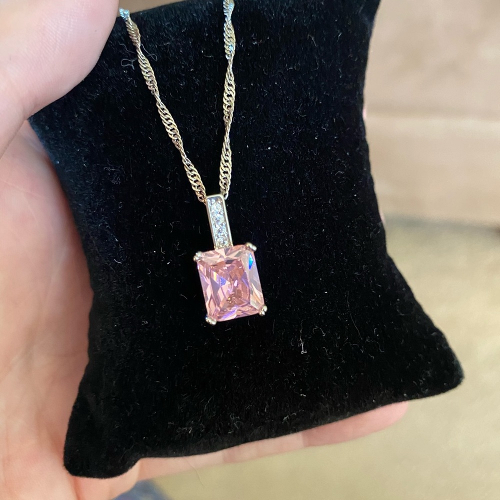 Large Pink Amethyst CZ Necklace Sterling Silver